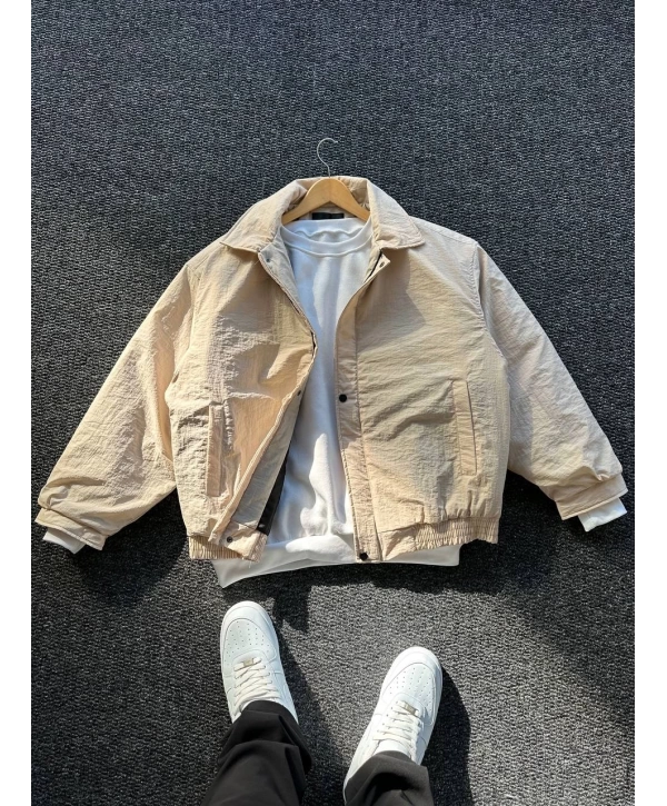Bej Erkek Oversize Krinkıl Bomber Ceket