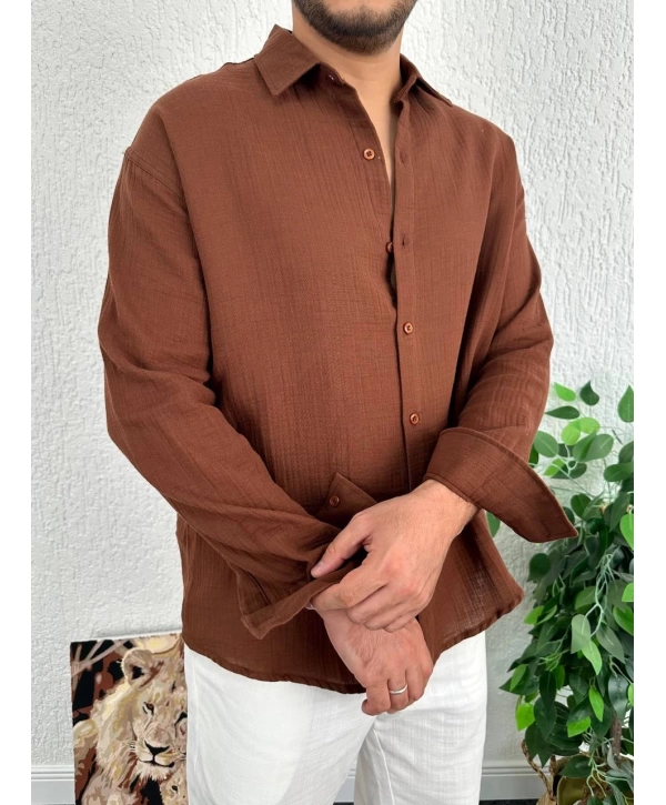 Kahverengi Erkek Oversize Müslin Kumaş Gömlek