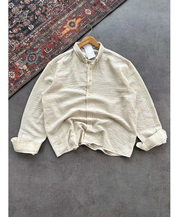 Erkek Bej Krinkıl Keten Kumaş Regular Fit Gömlek