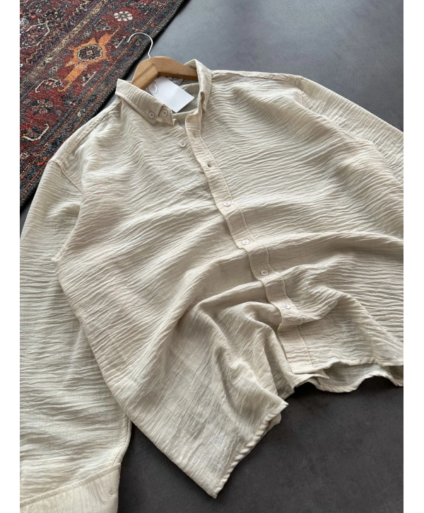 Erkek Bej Krinkıl Keten Kumaş Regular Fit Gömlek