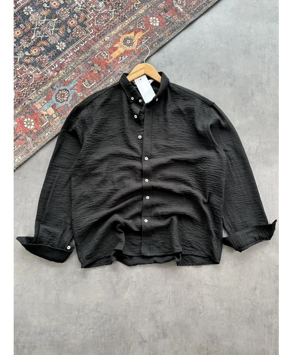 Erkek Siyah Krinkıl Keten Kumaş Regular Fit Gömlek