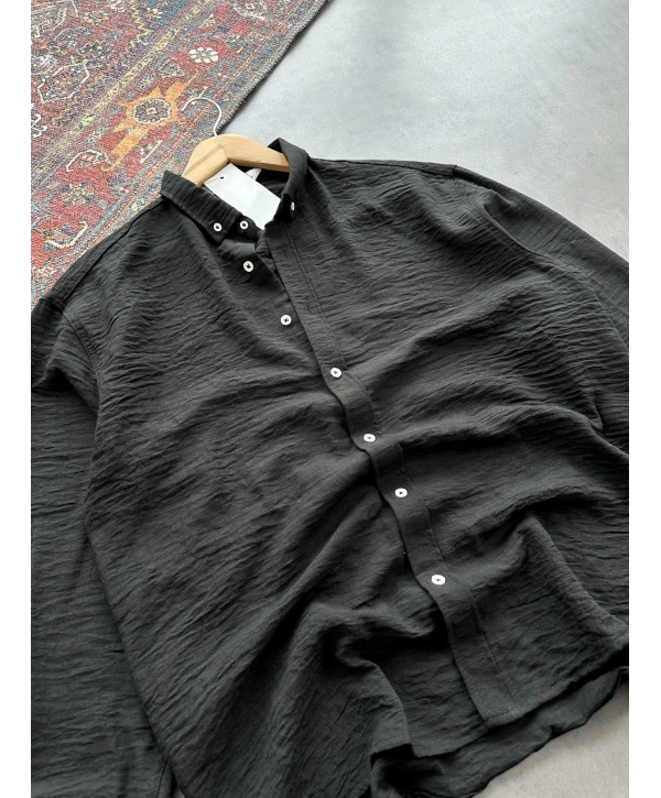 Erkek Siyah Krinkıl Keten Kumaş Regular Fit Gömlek