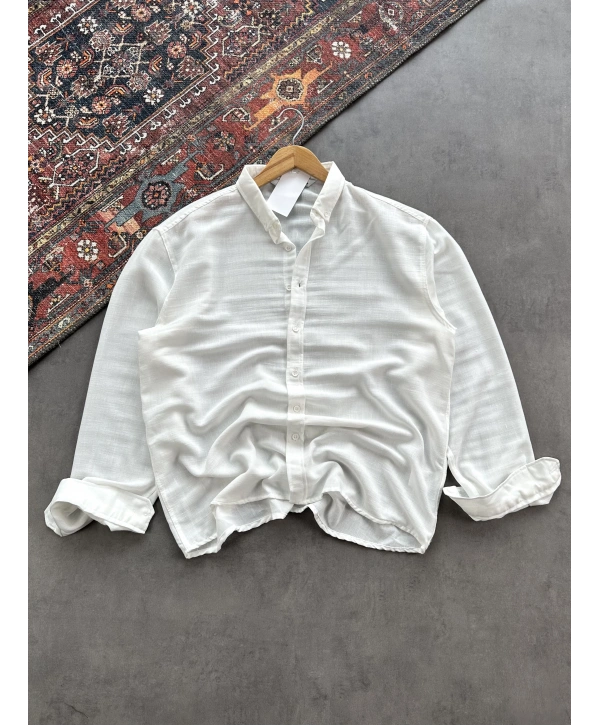 Erkek Beyaz Krinkıl Keten Kumaş Regular Fit Gömlek