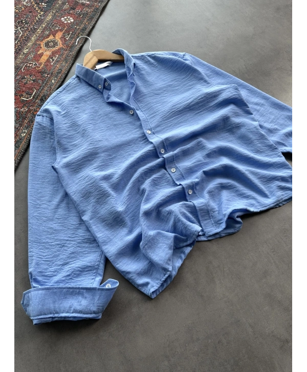 Erkek Bebe Mavi Krinkıl Keten Kumaş Regular Fit Gömlek