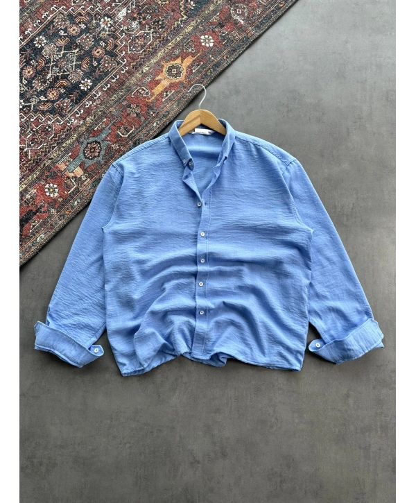 Erkek Bebe Mavi Krinkıl Keten Kumaş Regular Fit Gömlek