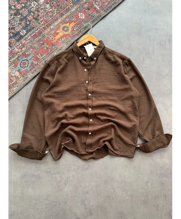 Erkek Kahverengi Krinkıl Keten Kumaş Regular Fit Gömlek