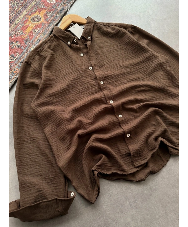 Erkek Kahverengi Krinkıl Keten Kumaş Regular Fit Gömlek