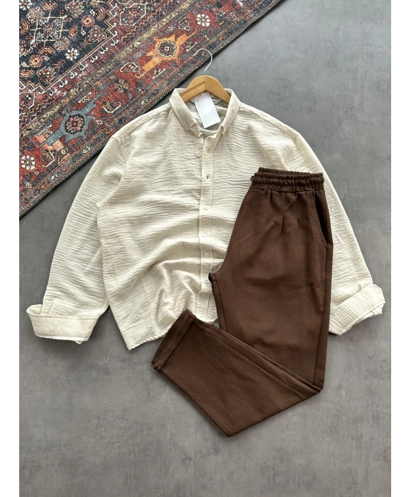 Erkek Bej Krinkıl Keten Gömlek & Kahverengi Pileli Keten Pantolon Kombini