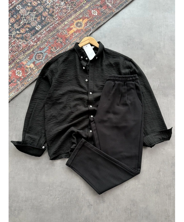 Erkek Siyah Krinkıl Keten Gömlek & Siyah Pileli Keten Pantolon Kombini