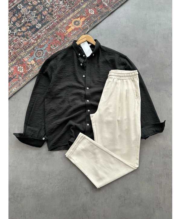 Erkek Siyah Krinkıl Keten Gömlek & Bej Pileli Keten Pantolon Kombini