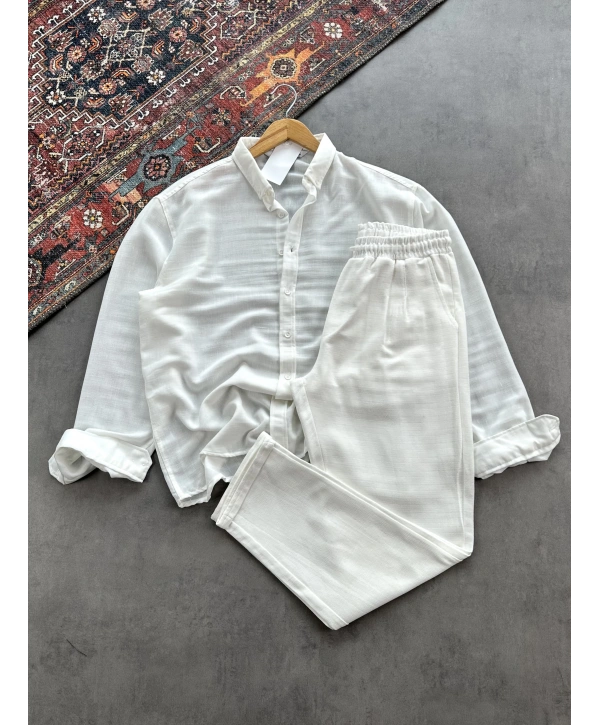 Erkek Beyaz Krinkıl Keten Gömlek & Beyaz Pileli Keten Pantolon Kombini