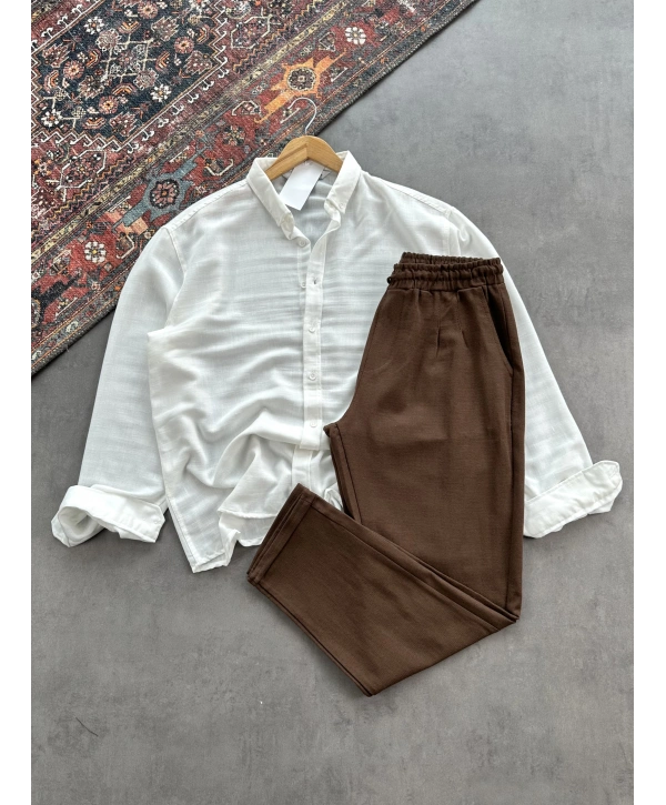 Erkek Beyaz Krinkıl Keten Gömlek & Kahverengi Pileli Keten Pantolon Kombini