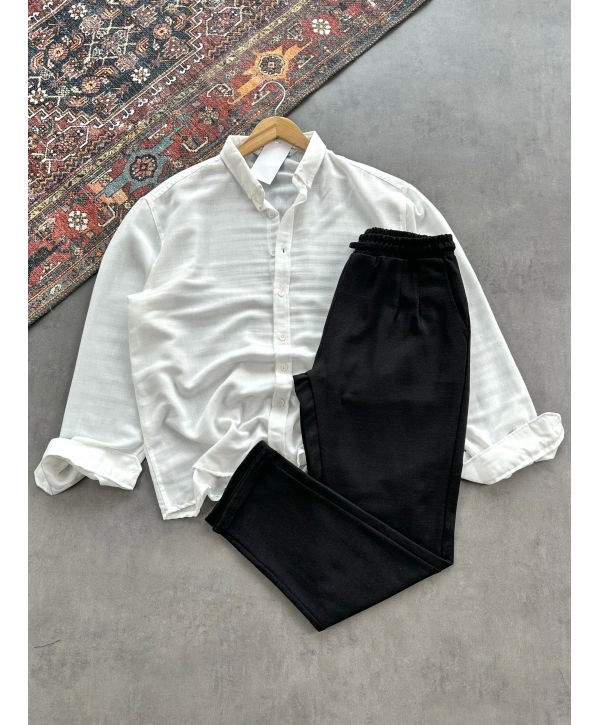 Erkek Beyaz Krinkıl Keten Gömlek & Siyah Pileli Keten Pantolon Kombini