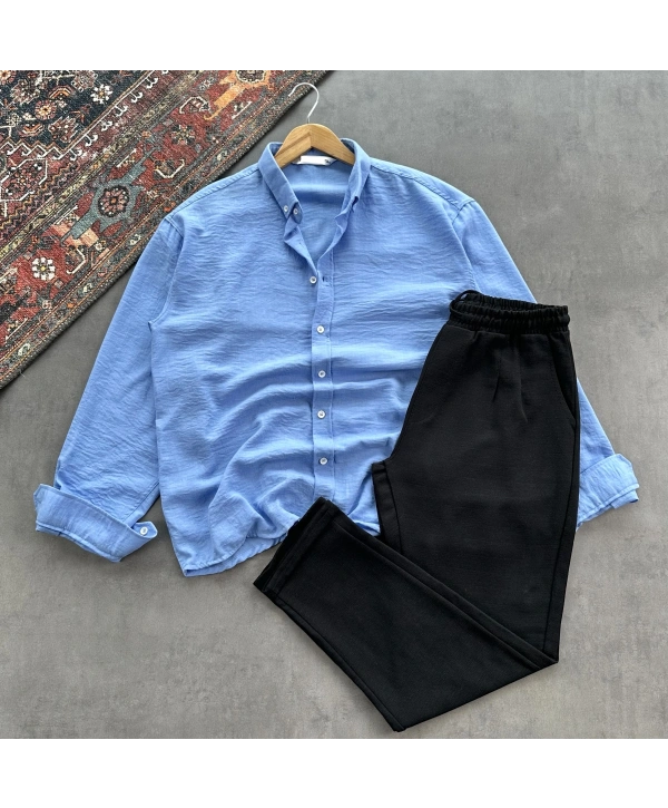 Erkek Bebe Mavi Krinkıl Keten Gömlek & Siyah Pileli Keten Pantolon Kombini