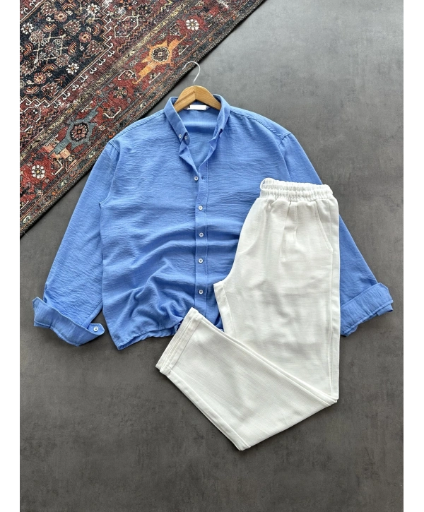 Erkek Bebe Mavi Krinkıl Keten Gömlek & Beyaz Pileli Keten Pantolon Kombini