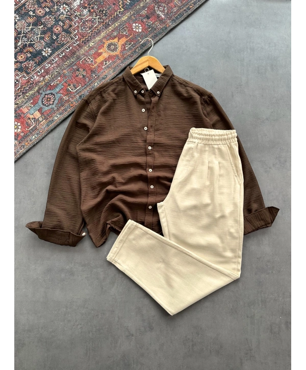 Erkek Kahverengi Krinkıl Keten Gömlek & Bej Pileli Keten Pantolon Kombini