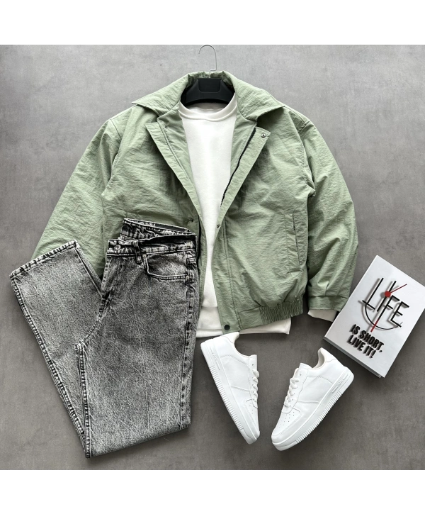 Erkek Haki Oversize Krinkıl Bomber Ceket & Füme Kar Yıkama Baggy Kot Pantolon Kombini