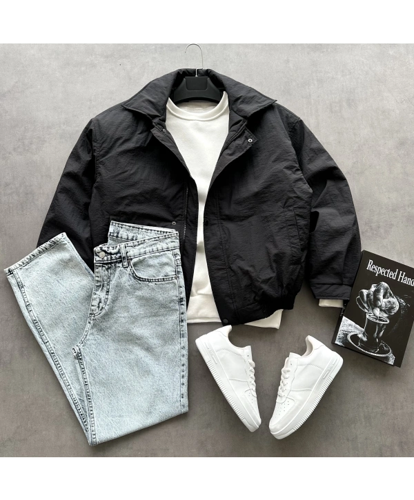 Erkek Siyah Oversize Krinkıl Bomber Ceket & Füme Kar Yıkama Baggy Kot Pantolon Kombini