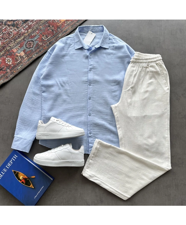 Erkek Mavi Müslin Kumaş Gömlek & Beyaz Ham Keten Pantolon