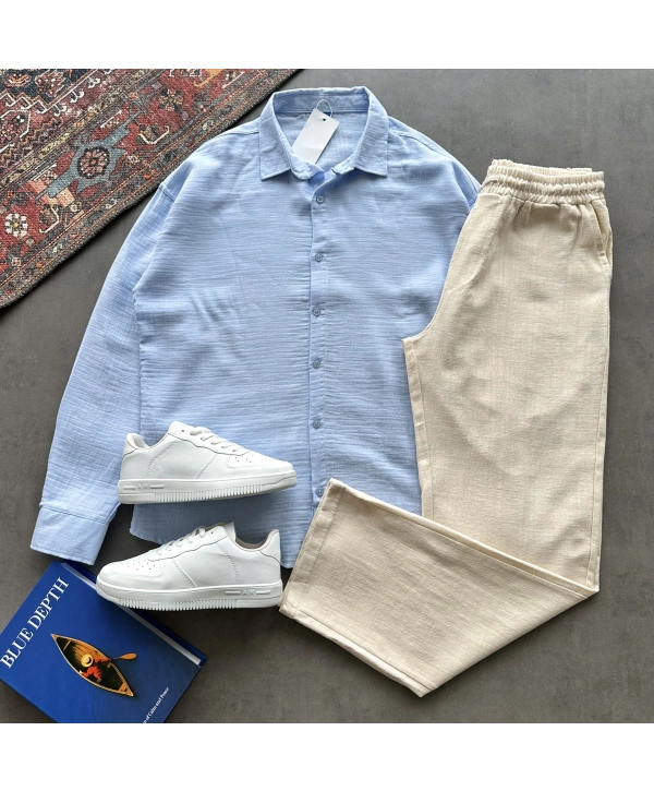 Erkek Mavi Müslin Kumaş Gömlek & Bej Ham Keten Pantolon