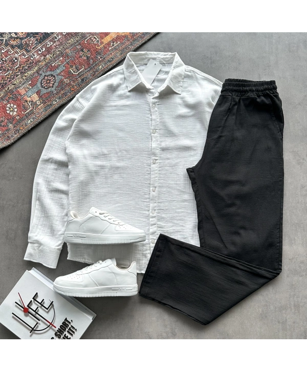 Erkek Beyaz Müslin Kumaş Gömlek & Siyah Ham Keten Pantolon