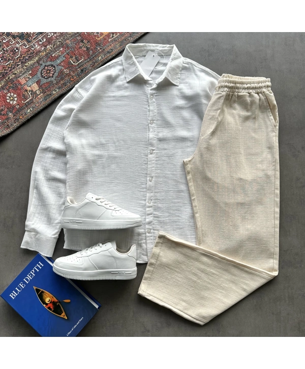 Erkek Beyaz Müslin Kumaş Gömlek & Bej Ham Keten Pantolon