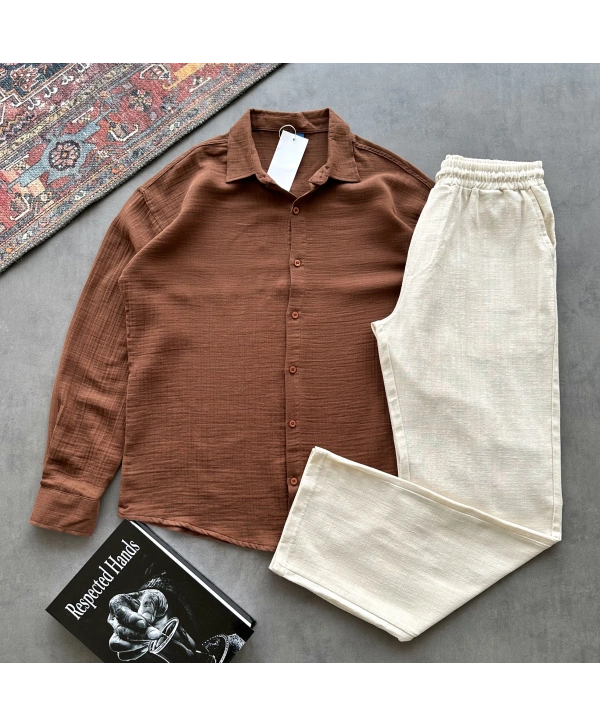 Erkek Kahverengi Müslin Kumaş Gömlek & Bej Ham Keten Pantolon