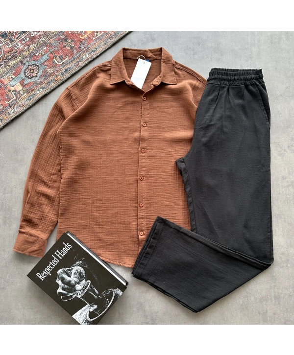 Erkek Kahverengi Müslin Kumaş Gömlek & Siyah Ham Keten Pantolon