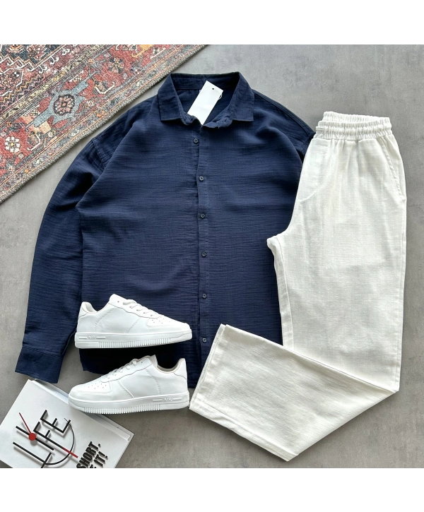 Erkek Lacivert Müslin Kumaş Gömlek & Beyaz Ham Keten Pantolon