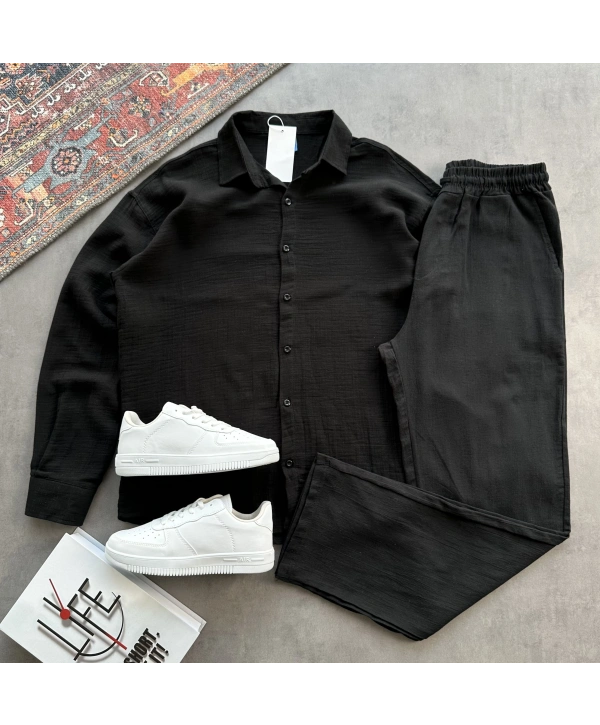 Erkek Siyah Müslin Kumaş Gömlek & Siyah Ham Keten Pantolon