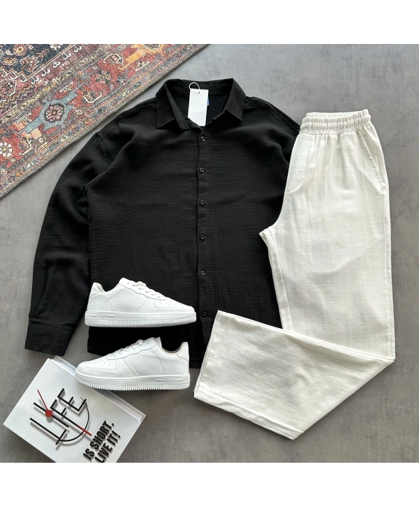 Erkek Siyah Müslin Kumaş Gömlek & Beyaz Ham Keten Pantolon