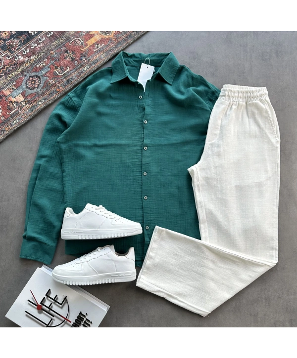 Erkek Zümrüt Müslin Kumaş Gömlek & Beyaz Ham Keten Pantolon