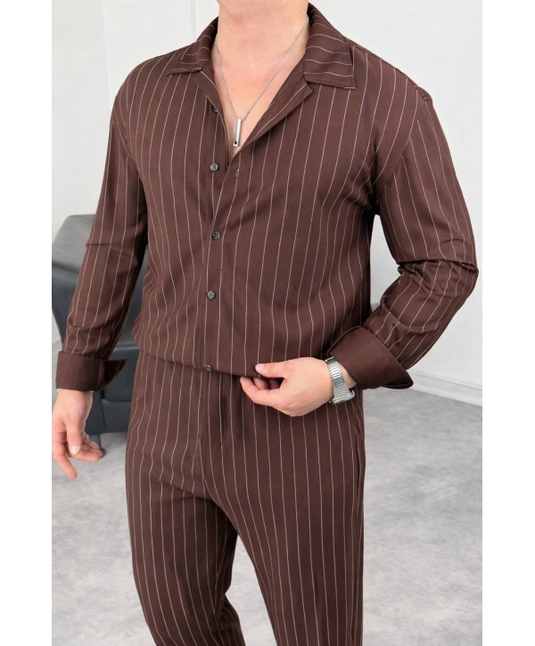 Kahverengi Krep Kumaş Çizgili Gömlek Pantolon Takım