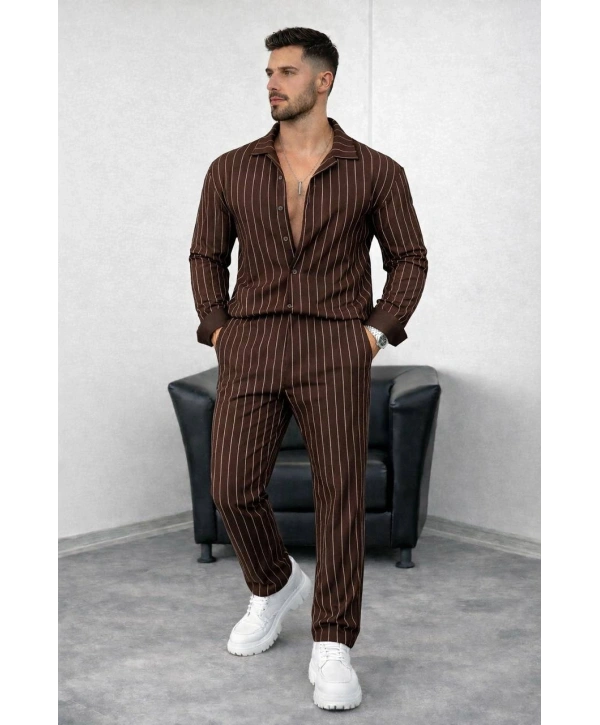 Kahverengi Krep Kumaş Çizgili Gömlek Pantolon Takım