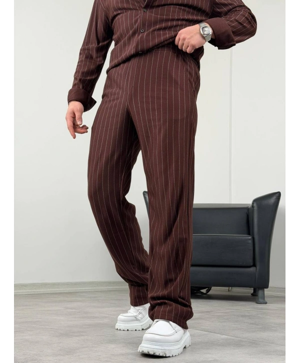 Kahverengi Krep Kumaş Çizgili Gömlek Pantolon Takım