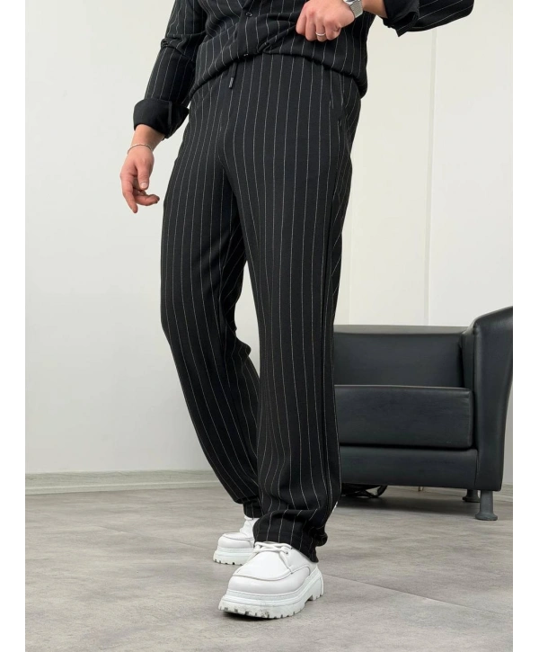 Siyah Krep Kumaş Çizgili Gömlek Pantolon Takım