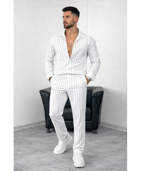 Beyaz Krep Kumaş Çizgili Gömlek Pantolon Takım