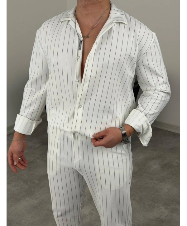 Beyaz Krep Kumaş Çizgili Gömlek Pantolon Takım