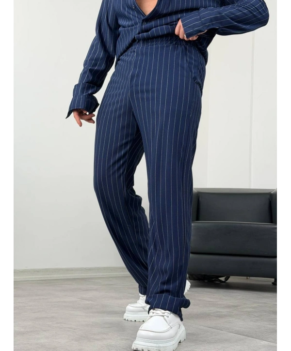 Lacivert Krep Kumaş Çizgili Gömlek Pantolon Takım