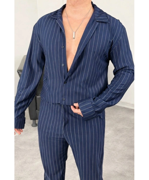 Lacivert Krep Kumaş Çizgili Gömlek Pantolon Takım