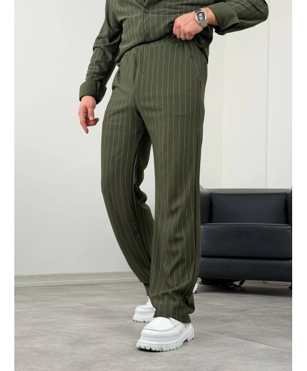 Haki Krep Kumaş Çizgili Gömlek Pantolon Takım