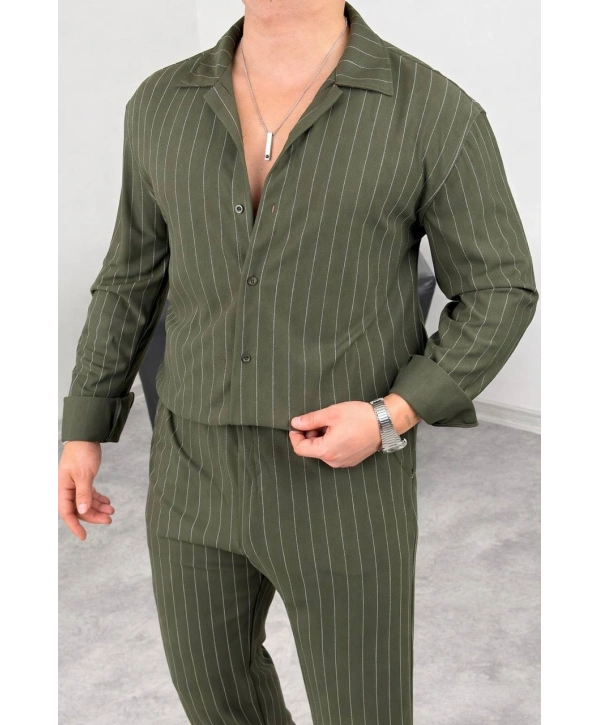 Haki Krep Kumaş Çizgili Gömlek Pantolon Takım