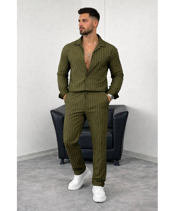 Haki Krep Kumaş Çizgili Gömlek Pantolon Takım