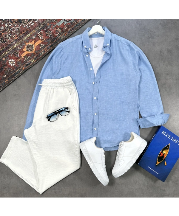 Erkek Bebe Mavi Krinkıl Keten Gömlek & Beyaz Pantolon Takım