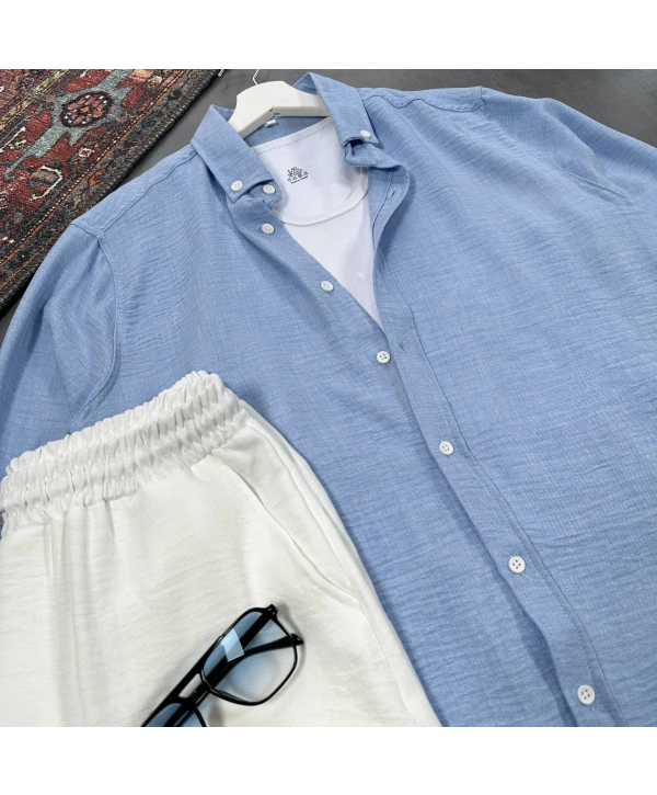 Erkek Bebe Mavi Krinkıl Keten Gömlek & Beyaz Pantolon Takım