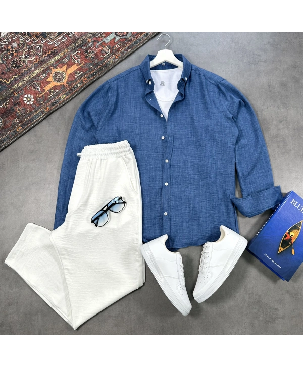 Erkek Lacivert Krinkıl Keten Gömlek & Beyaz Pantolon Takım