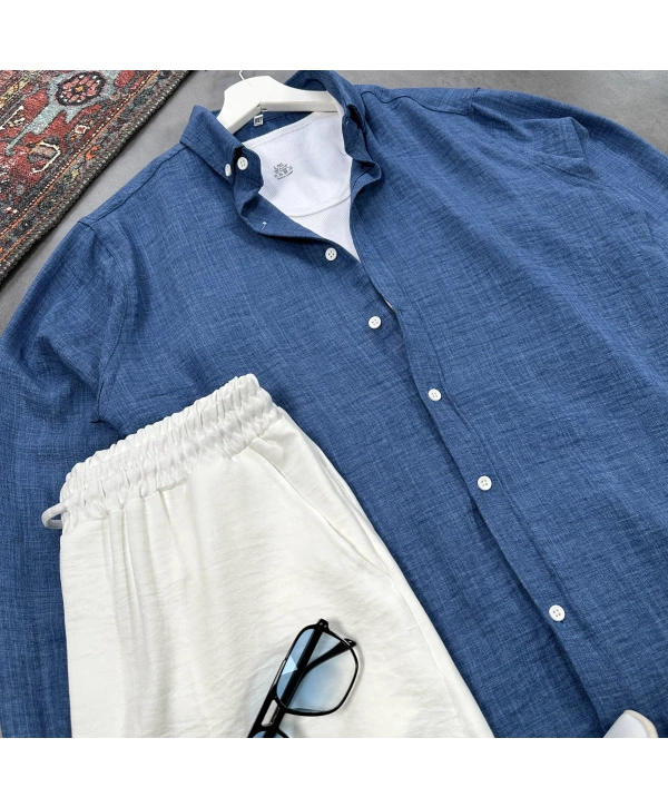 Erkek Lacivert Krinkıl Keten Gömlek & Beyaz Pantolon Takım