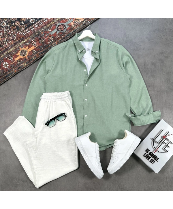 Erkek Yeşil Krinkıl Keten Gömlek & Beyaz Pantolon Takım