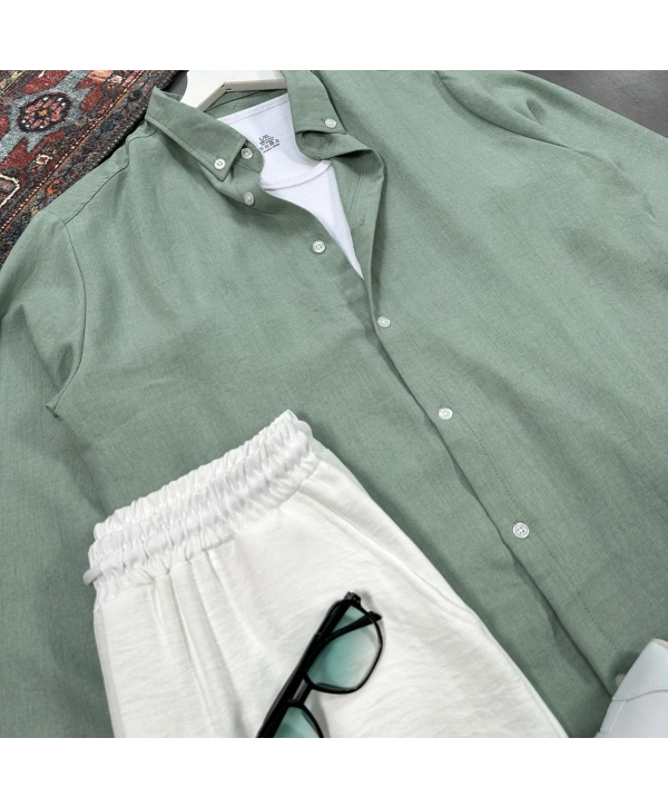 Erkek Yeşil Krinkıl Keten Gömlek & Beyaz Pantolon Takım