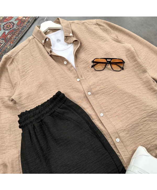 Erkek Sütlü Kahve Krinkıl Keten Gömlek & Siyah Pantolon Takım